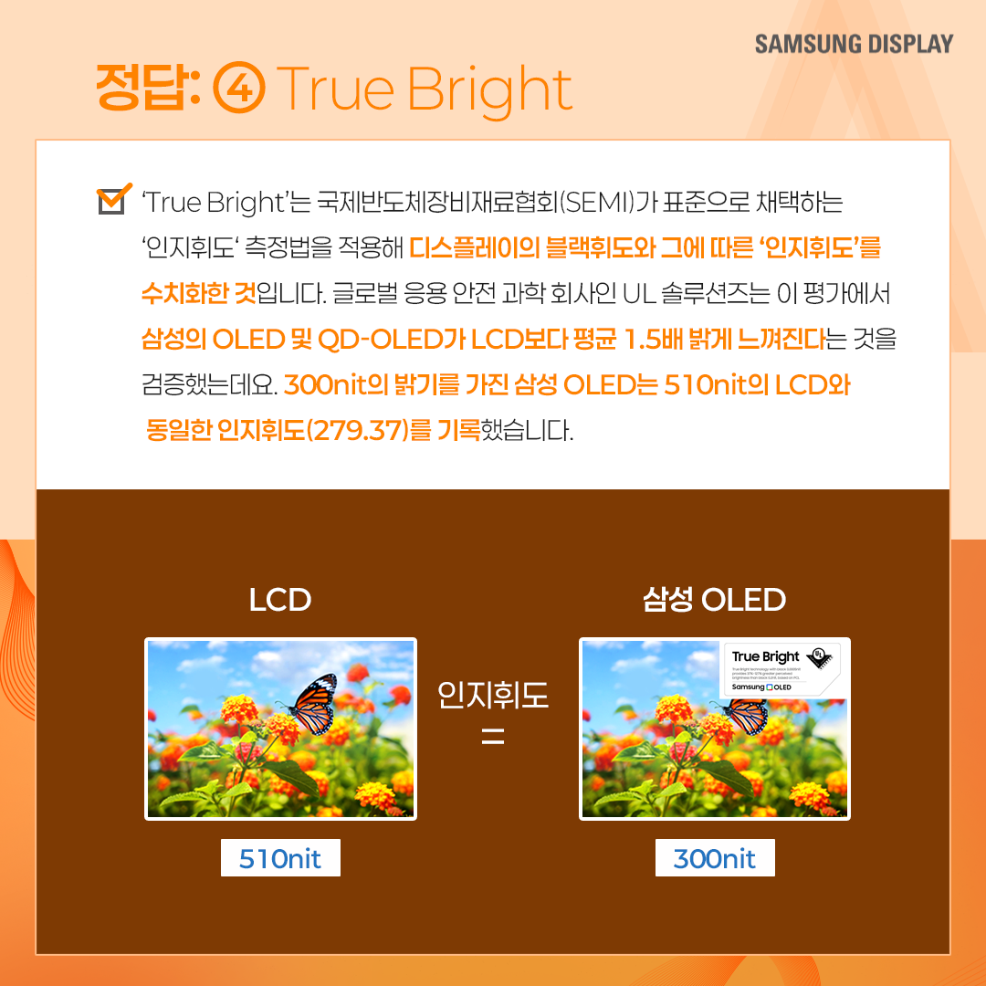 삼성디스플레이, samsung display, 퀴즈로 알아보는 인지휘도, 인지휘도, PCL, Perceptual Contrast Length, 인지적 밝기, 휘도, 해상도, 컬러볼륨, 니트, 명암비, True Bright, 