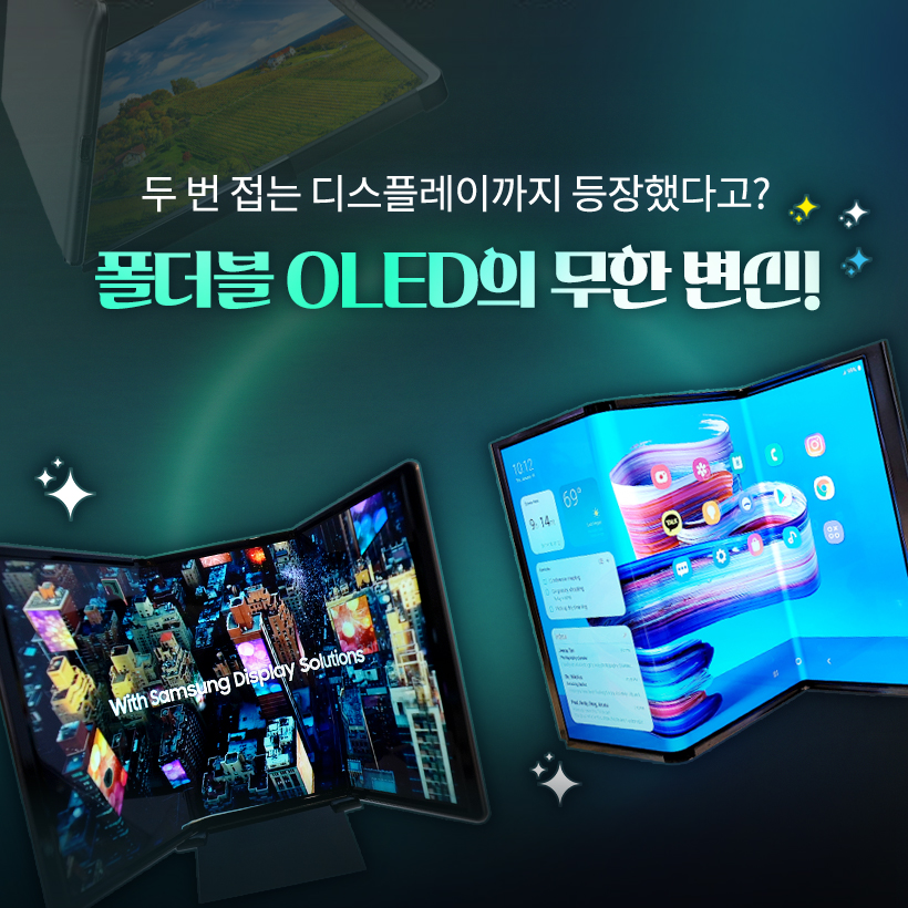 두 번 접는 디스플레이까지 등장했다고? 폴더블 OLED의 무한 변신!  요즘 스마트폰 업계의 화두는 단연 ‘트라이폴드(Trifold)’! 한 번이 아니라 두 번 접히는 새로운 형태의 폴더블이 등장해 차세대 폼팩터 경쟁의 중심에 서 있습니다. 폴더블 OLED 접는 방식과 구조에 따라 다양한 형택 가능해, 화면 활용과 사용 경험 역시 완전히 새로워질 수 있는데요. 지금부터 삼성디스플레이와 함께 발전해 온 폴더블 OLED의 다양한 폼팩터를 알아보도록 하겠습니다. 폴더블 OLED의 시작은? LCD와 초기 OLED는 유리기판을 사용하는 평평한 디스플레이였습니다. 하지만 유연한 플라스틱 소재의 기판을 사용하는 플렉시블 OLED가 개발되면서 디스플레이는 자유롭게 휘어질 수 있게 됐습니다.  '13년 삼성디스플레이가 CES에서 공개한 플렉시블 OLED 플렉시블 OLED 스마트폰: 갤럭시 라운드 (‘13년), 갤럭시 노트 엣지 (‘14년) 플렉시블 OLED의 다양한 형태  삼성디스플레이는 2013년 CES 전시에서 세계 최초로 플렉시블 OLED를 공개하며 커브드, 폴더블, 롤러블 형태로 발전 가능한 플렉시블 OLED의 비전을 제시했는데요. 커브드, 엣지 형태의 다양한 플렉시블 OLED 제품들이 출시되면서 점점 기술이 발전해 마침내 접히는 부분의 패널 손상을 최소화한 폴더블 OLED까지 개발할 수 있었습니다.  폴더블 OLED 스마트폰 등장! 2019년, 삼성 폴더블 OLED가 탑재된 ‘갤럭시 폴드’가 출시되면서 ‘접히는 스마트폰’의 시대가 열렸습니다. 당시 스마트폰 시장은 고해상도 영상, 고사양 게임 등 멀티미디어 콘텐츠 소비가 폭발적으로 증가하던 시기였습니다. 더 넓은 화면을 원하면서도 휴대성을 포기할 수 없었던 소비자들의 요구에 맞춰 화면을 접을 수 있는 ‘폴더블 OLED’가 세상에 등장한 것입니다.  접는 방식에 따른 폴더블 형태 폴더블 OLED는 접는 방식에 따라 제품의 구조와 디자인이 크게 달라집니다. 디스플레이를 안으로, 밖으로 접거나 상하 혹은 좌우로도 접을 수 있습니다.  인폴딩, 아웃폴딩, 상하폴딩, 좌우폴딩 현재 대부분의 폴더블 스마트폰은 내구성이 좋은 인폴딩 방식을 채택하고 있는데요. '갤럭시 Z 플립'처럼 스마트폰을 작게 들고 다닐 수 있도록 상하로 접거나, '갤럭시 Z 폴드'와 같이 화면을 넓게 볼 수 있도록 좌우로 접는 제품도 있습니다. 삼성디스플레이는 지난 'SID 2023'에서 안팎으로 360도 접을 수 있는 '플렉스 인앤아웃' 제품을 공개하기도 했습니다. 두 번 이상 접히는 멀티폴더블 최근에 핫한 트라이폴드 폰은 화면을 두 번 접는 구조입니다. S타입, G타입 삼성디스플레이는 2021년 SID 전시에서 S자 형태로 두 번 접히는 'Flex S'를, 2022년 CES에서 G형태로 접히는 'Flex G' 폴더블 OLED 제품을 선보였는데요. 이렇게 화면을 두 번 이상 접는 멀티폴더블 제품은 스마트폰과 태블릿의 경계를 자유롭게 넘나들 수 있고, 접는 방식에 따라 소비자에게 다양한 사용성을 제공할 수 있어 차세대 폼팩터로 주목 받고 있습니다. 하이브리드 형태의 폴더블 OLED 삼성디스플레이가 지난 2023년에 CES에서 공개한 ‘플렉스 하이브리드’ 제품은 폴더블과 슬라이더블이 결합한 OLED입니다. 접힌 제품을 펼친 뒤 옆으로 밀어서 화면을 확장시키는 방식인데요. 상황에 따라 스마트폰, 태블릿, 노트북 등으로 다양하게 변형해 활용할 수 있는 기술입니다. 이렇게 폴더블 OLED는 다양한 디스플레이 기술과 만나 하이브리드 형태로 진화가 가능합니다.  지금까지 다양한 형태의 폴더블 OLED를 살펴봤습니다. 접히고, 펼쳐지고, 확장되는 디스플레이는 앞으로 우리 일상을 더 편리하고 유연하게 바꿔갈 수 있는데요. 삼성디스플레이는 차원이 다른 폴더블 OLED 기술로 제품의 새로운 사용 경험과 혁신적 디자인 가능성을 열어갈 예정입니다. 