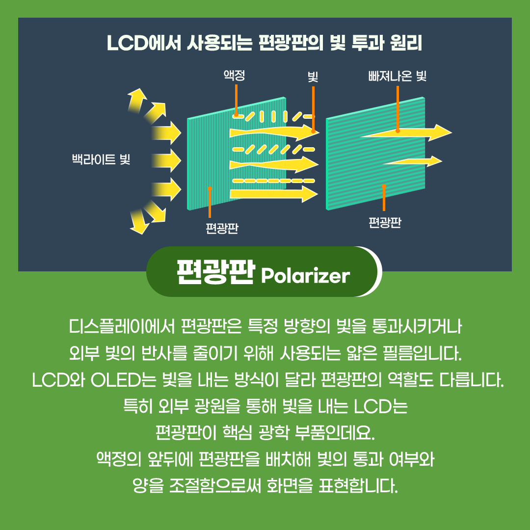 LCD에서 사용되는 편광판의 빛 투과 원리 액정 / 빛 / 백라이트 빛 / 빠져나온 빛 디스플레이에서 편광판은 특정 방향의 빛을 통과시키거나 빛의 반사를 줄이기 위해 사용하는 얇은 필름입니다.&nbsp; LCD와 OLED는 빛을 내는 방식이 달라 편광판의 역할이 서로 다릅니다. 특히 외부 광원을 통해 빛을 내는 LCD에서  핵심적인 역할을 담당하는 광학 부품인데요. 액정의 앞뒤에 편광판을 배치해 빛의 통과 여부와  양을 조절함으로써 화면을 표현합니다. 일반 OLED vs 무편광판 OLED ‘LEAD™’ 스스로 빛을 내는 OLED는 각 픽셀별로&nbsp;밝기 조절이 가능해&nbsp; 편광판은 주로 패널 표면의&nbsp;빛 반사를 줄이는 용도로 사용됩니다. 이때 편광판은 패널의 시인성을 향상시켜주지만 패널에서 나온 빛을 흡수하기 때문에  밝기가 감소해 디스플레이 발광 효율을 떨어뜨리는데요. 삼성디스플레이는 ‘21년 업계 최초로 편광판 없이 외부광의 반사를 막아주는 무편광판 OLED 기술 'LEAD™'를 개발해  제품에 적용하고 있습니다.