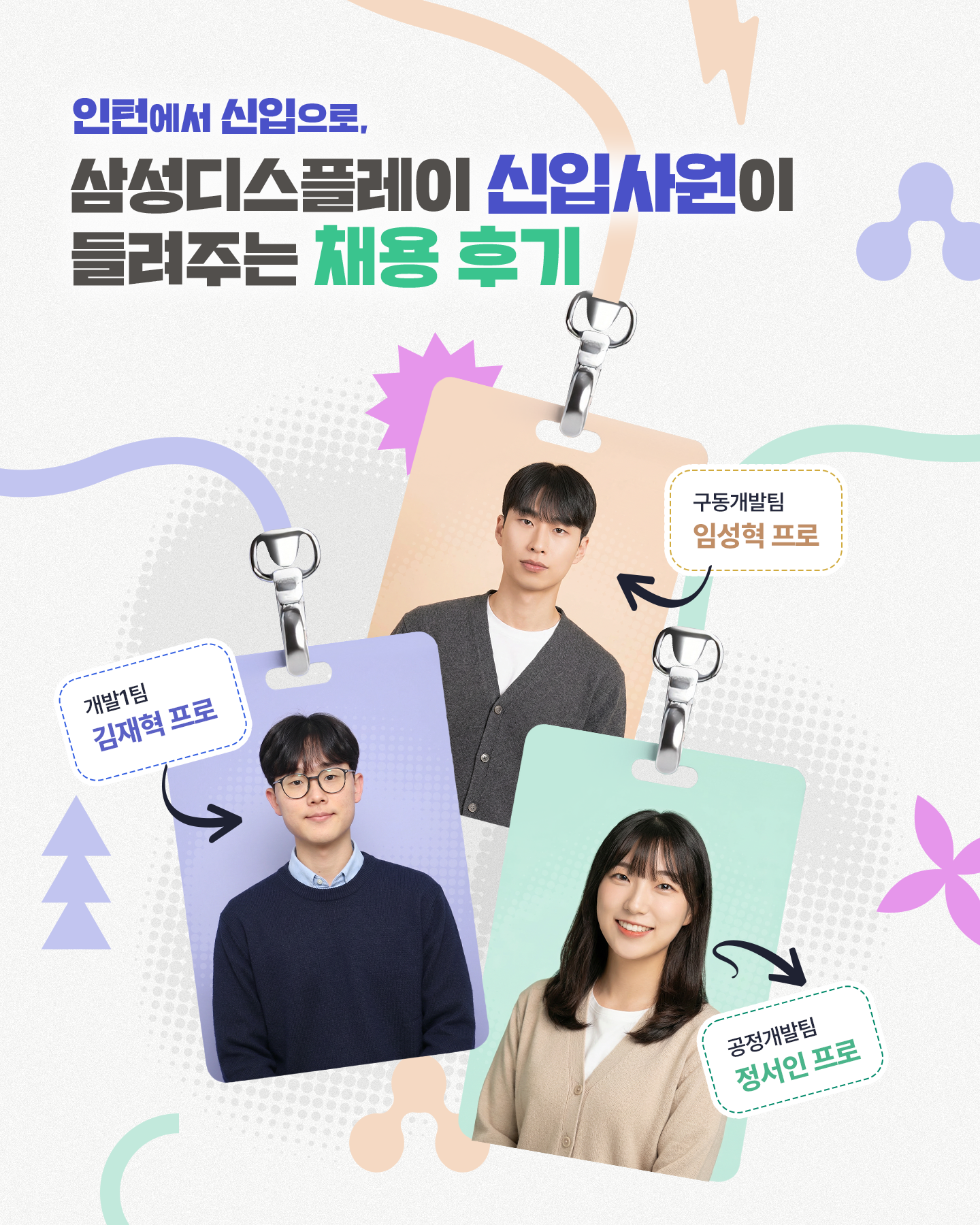 1p. (표지) 타이틀: 인턴에서 신입으로, 삼성디스플레이 신입사원이 들려주는 채용 후기  2p. 데이터 분석으로 실무 감각을 키우다! 중소형사업부 공정개발팀 정서인 프로 (25년 입사, 화학공학과) 1. 담당 업무 패널 소자 기술을 최적화해 수율을 높이고, 불량 감소를 위한 공정 조건 개선과 데이터 분석을 업무를 담당하고 있어요! 2. 삼성디스플레이 인턴 지원동기 디스플레이 공학 수업을 통해 폴더블, 롤러블 등 폼팩터 혁신 기술에 관심을 갖게 되었고, 책에서 배운 이론이 세계 최고 수준의 생산 라인에서 어떻게 적용되는지 경험해보고자 지원했습니다 3. 인턴 기간 동안 맡았던 업무와 인턴 경험이 현재 어떻게 활용되고 있는지? 저는 OCTA 기술 분석 보조를 맡아 공정 데이터 시각화와 불량 사례를 정리하는 업무를 진행했는데요. 이러한 실무 데이터 분석 경험은 현업을 이해하는 데 큰 도움이 됐습니다! 5.  삼성디스플레이 미래 입사자에게 전하는 꿀팁은? 자기소개서와 면접에서는 전공 지식과 디스플레이 산업을 자연스럽게 연결해 역량을 강조하는 것이 중요합니다. 삼성디스플레이 ‘디스플레이 용어집’에 많은 정보가 있으니 참고하시는 걸 추천 드립니다!  3p. OLED 패널을 다루며 알고리즘 개발 역량을 키우다! 구동개발팀 임성혁 프로 (24년 입사, 미래 정보 디스플레이 학과) 1. 담당 업무 저는 AI로 OLED 패널의 밝기와 색 재현 특성을 분석해 제품별 최적의 구동 알고리즘을 개발하는 업무를 담당하고 있어요! 2. 삼성디스플레이 인턴 지원동기 디스플레이 수업을 통해 재료, 구조, 구동 방식이 화질에 영향을 준다는 점이 흥미로웠고, 자연스럽게 OLED 기술을 선도하는 삼성디스플레이에 관심을 갖게 됐습니다. 3. 인턴 경험이 현재 어떻게 활용되고 있는지? 인턴 때 패널 구동 장비를 다루며, 구동 신호가 화질에 미치는 영향을 실시간으로 분석했는데요. 이를 바탕으로 지금은 AI 기술을 활용해 정밀한 OLED 구동 알고리즘을 개발하고 있습니다. 4. 삼성디스플레이 미래 입사자에게 전하는 꿀팁은? 성적이나 스펙보다 중요한 건 삼성디스플레이에 대한 관심과 열정이라고 생각합니다. 또한 인턴십은 자신의 역량을 실천해 볼 기회이니 적극 활용하시길 추천드려요!   4p. 재료의 특성을 탐구하며 디스플레이 성능 향상을 고민하다! 중소형사업부 A개발1팀 김재혁 프로 (25년 입사, 신소재공학과) 1. 담당 업무 저는 디스플레이 모듈 공정을 개발하는 엔지니어로서, 다양한 불량을 개선하고 수율을 향상시키기 위한 업무를 수행하고 있습니다. 2. 삼성디스플레이 인턴 지원동기 ‘Display beyond Imagination’이라는 삼성디스플레이의 비전과 세계 최고 수준의 기술력을 직접 경험해보고 싶어 인턴십에 지원하게 됐습니다. 3. 인턴 기간 동안 맡았던 업무와 인턴 경험이 현재 어떻게 활용되고 있는지? 저는 이 기간동안 디스플레이 재료 개발 과정을 배우고, 재료 특성을 활용한 발광 반응 속도 향상을 주제로 팀 프로젝트도 진행했는데요. 이 경험들은 회사의 업무 방식을 이해하고 입사 후 현업에 빠르게 적응하는 데 도움이 됐습니다. 5. 삼성디스플레이 미래 입사자에게 전하는 꿀팁은? ‘왜 삼성디스플레이인지’와 입사 후 목표에 대해 고민해보면 좋을 것 같아요. 그러면 자연스럽게 디스플레이에 대한 흥미도 생기고, 긴 채용 과정 속에서 좋은 결과를 낼 수 있을 거라고 생각합니다!