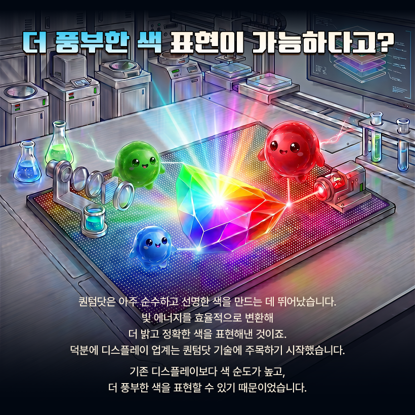 더 풍부한 색 표현이 가능하다고? 퀀텀닷은 아주 순수하고 선명한 색을 만드는 데 뛰어났습니다. 빛 에너지를 효율적으로 변환해 더 밝고 정확한 색을 표현해낸 것이죠. 덕분에 디스플레이 업계는 퀀텀닷 기술에 주목하기 시작했습니다. 기존 디스플레이보다 색 순도가 높고, 더 풍부한 색을 표현할 수 있기 때문이었습니다.