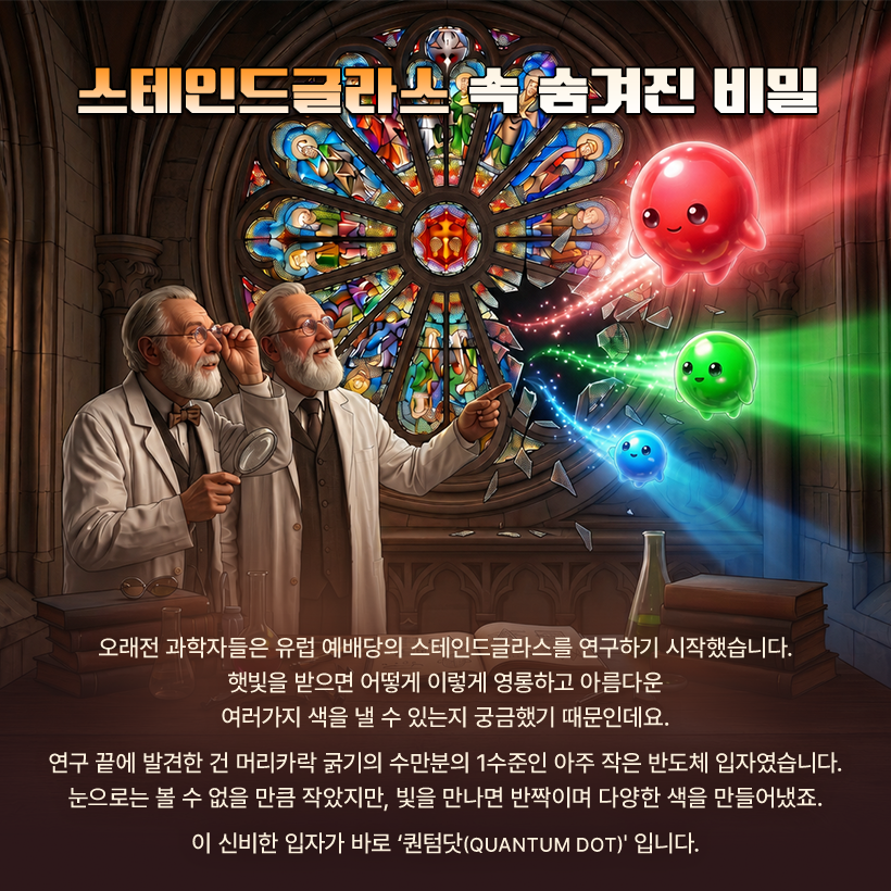 노테민드글라스 속 숨계진 비밀  오래전 과학자들은 유럽 예배당의 스테인드글라스를 연구하기 시작했습니다. 햇빛을 받으면 어떻게 이렇게 영롱하고 아름다운 여러가지 색을 낼 수 있는지 궁금했기 때문인데요. 연구 끝에 발견한 건 머리카락 굵기의 수만분의 1수준인 아주 작은 반도체 입자였습니다. 눈으로는 볼 수 없을 만큼 작았지만, 빛을 만나면 반짝이며 다양한 색을 만들어냈죠. 이 신비한 입자가 바로 '퀀텀닷(QUANTUM DOT)' 입니다.