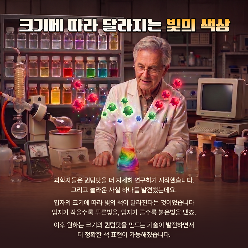 크기에 따라 달라지는 빛미 색삼  과학자들은 퀀텀닷을 더 자세히 연구하기 시작했습니다. 그리고 놀라운 사실 하나를 발견했는데요. 입자의 크기에 따라 빛의 색이 달라진다는 것이었습니다 입자가 작을수록 푸른빛을, 입자가 클수록 붉은빛을 냈죠. 이후 원하는 크기의 퀀텀닷을 만드는 기술이 발전하면서 더 정확한 색 표현이 가능해졌습니다.