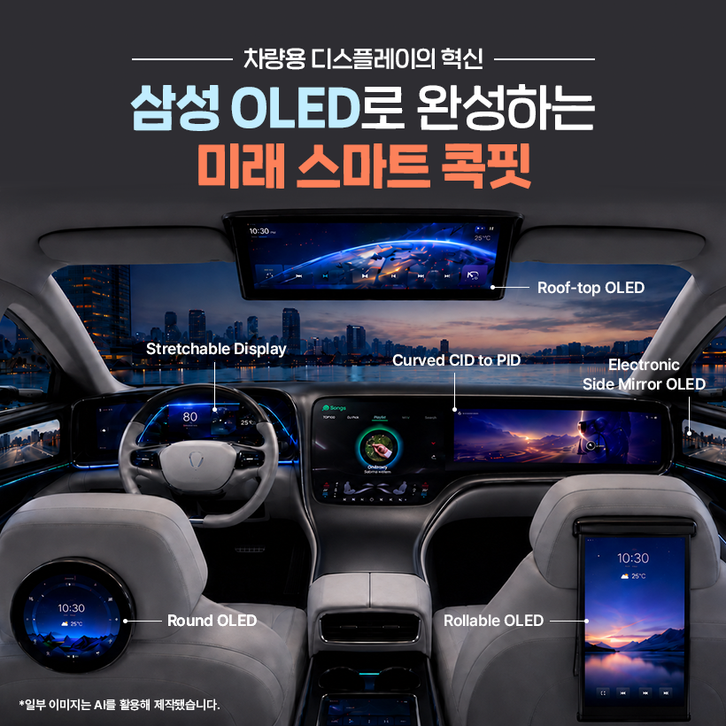 차량용 디스플레이의 혁신  삼성 OLED로 완성하는 미래 스마트 콕핏  1O:30  25C  Roof-top OLED  Stretchable Display  Curved CID to PID  Electronic Side Mirror OLED  80  10:30  R 25℃  10:30  Round OLED  Rollable OLED