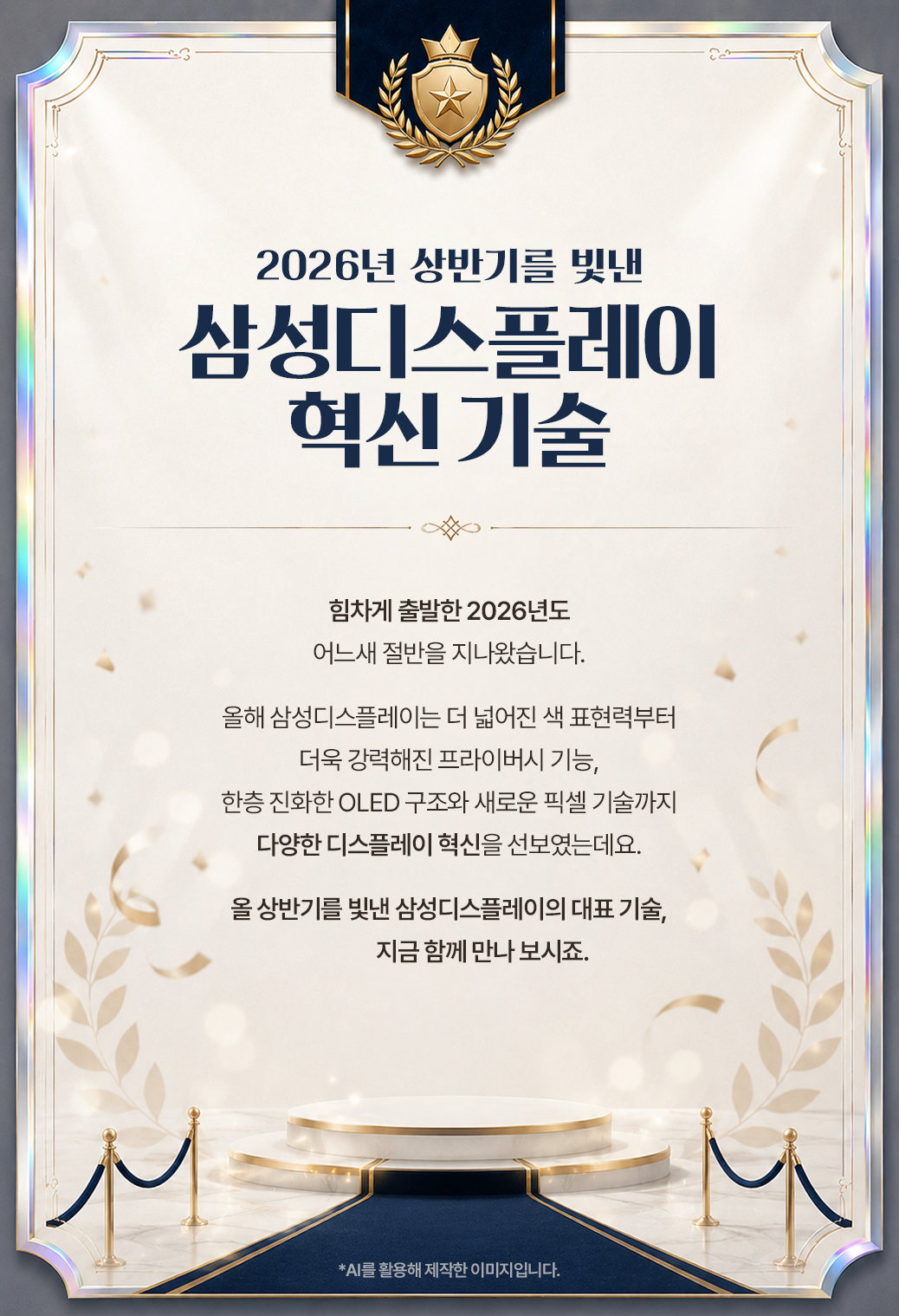 2026년 상반기를 빛낸  삼성디스플레이 혁신 기술  힘차게 출발한 2026년도 어느새 절반을 지나왔습니다. 올해 삼성디스플레이는 더 넓어진 색 표현력부터 더욱 강력해진 프라이버시 기능, 한층 진화한 OLED 구조와 새로운 픽셀 기술까지 다양한 디스플레이 혁신을 선보였는데요. 올 상반기를 빛낸 삼성디스플레이의 대표 기술, 지금 함께 만나 보시죠.  *AI를 활용해 제작한 이미지입니다.