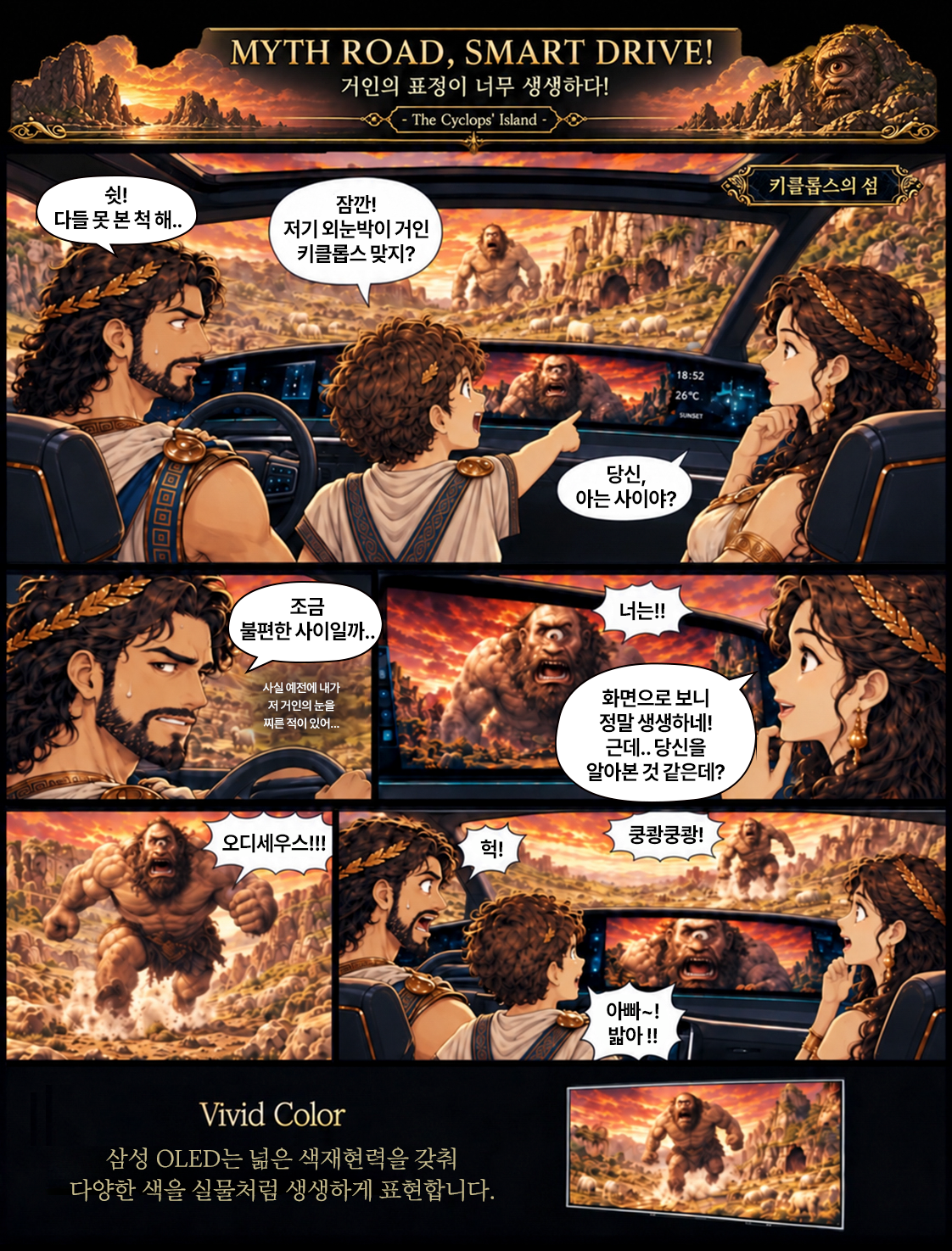 MYTH ROAD, SMART DRIVE! 거인의 표정이 너무 생생하다! The Cyclops' Island  쉿!  키를롭스의 섬  다들 못 본척해 ..  잠깐! 저기 외눈박이 거인 키클롭스 맞지?  18:52 26℃ SUNSET  당신, 아는 사이야?  조금  너는 !!  불편한 사이일까 .. 사실 예전에 내가  화면으로 보니  저 거인의 눈을 찌른 적이 있어 ...  정말 생생하네! 근데 .. 당신을 알아본 것 같은데?  오디세우스 !!!  헉!  쿵쾅쿵쾅!  아빠 ~!  밟아 !!  Vivid Color 삼성 OLED는 넒은 색재현력을 갖춰 다양한 색을 실물처럼 생생하게 표현합니다.