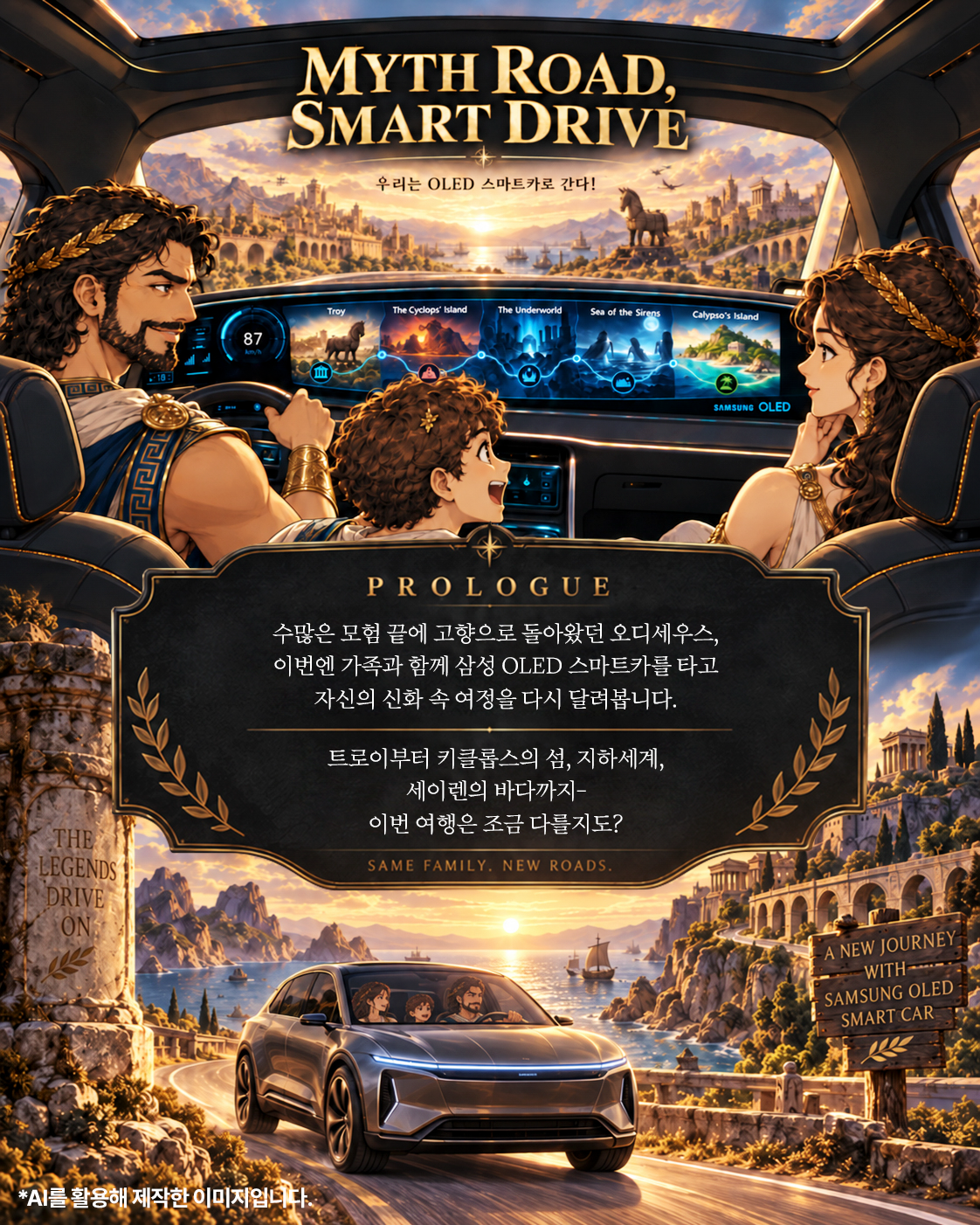 MYTH ROAD, SMART DRIVE  우리는 OLED 스마트카로 간다!  Trov  The Cyclops" Istand  The Underworld  Sea of the Sirens  Calypso's Island  87  SAMSUNG OLED  PROLOGUE 수많은 모험 끝에 고향으로 돌아왔던 오디세우스, 이번엔 가족과 함께 삼성 OLED 스마트카를 타고 자신의 신화 속 여정을 다시 달려봅니다. 트로이부터 키클롭스의 섬, 지하세계, 세이렌의 바다까지-  THE  이번 여행은 조금 다를지도?  LEGENDS  SAME FAMILY. NEW ROADS.  DRIVE  A NEW JOURNEY WITH -.- SAMSUNG OLED SMART CAR  *AI를 활용해 제작한 이미지입니다.