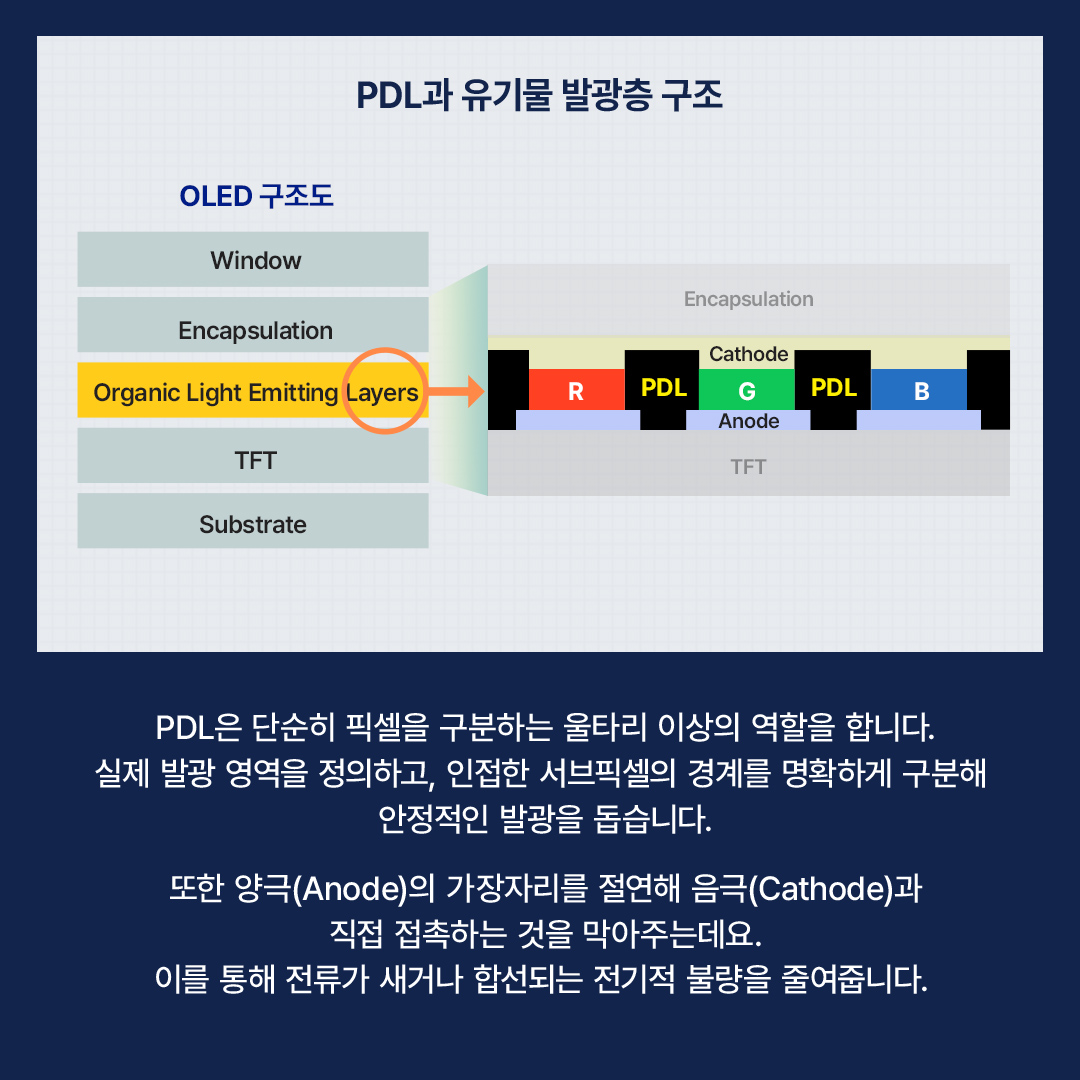 PDL과 유기물 발광층 구조  OLED 구조도 Window  Encapsulation  Encapsulation  Cathode  Organic Light Emitting Layers  R  PDL  G  PDL  B  Anode  TFT  TFT  Substrate  PDL은 단순히 픽셀을 구분하는 울타리 이상의 역할을 합니다. 실제 발광 영역을 정의하고, 인접한 서브픽셀의 경계를 명확하게 구분해 안정적인 발광을 돕습니다. 또한 양극(Anode)의 가장자리를 절연해 음극(Cathode)과 직접 접촉하는 것을 막아주는데요. 이를 통해 전류가 새거나 합선되는 전기적 불량을 줄여줍니다.